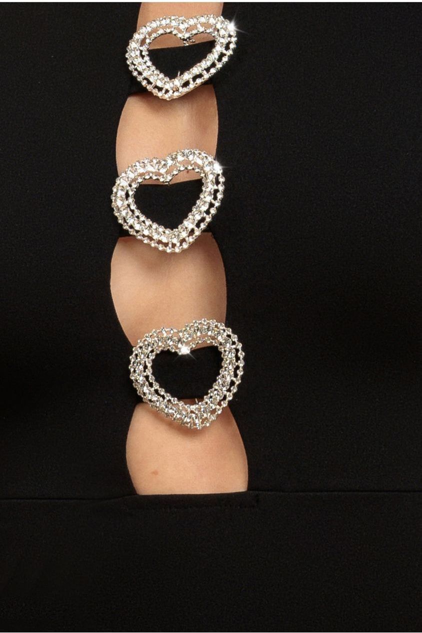 Diamante Embellished Heart Brooch Scuba Maxi Dress - Black DR4458