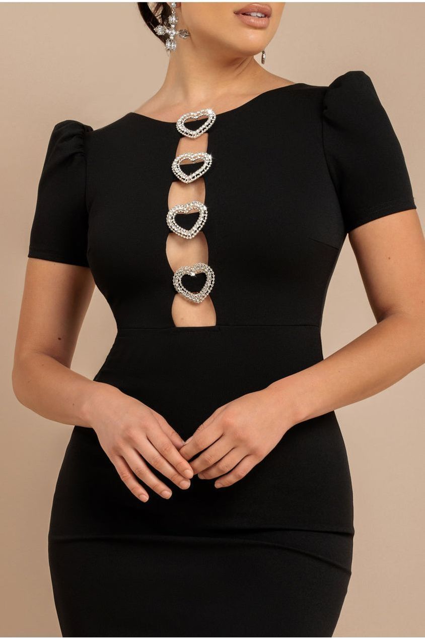 Diamante Embellished Heart Brooch Scuba Maxi Dress - Black DR4458