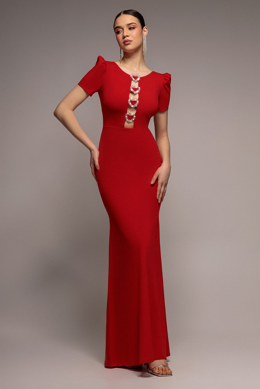 Diamante Embellished Heart Brooch Scuba Maxi Dress - Red DR4458