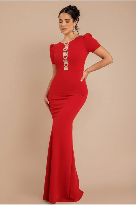 Diamante Embellished Heart Brooch Scuba Maxi Dress - Red by Goddiva