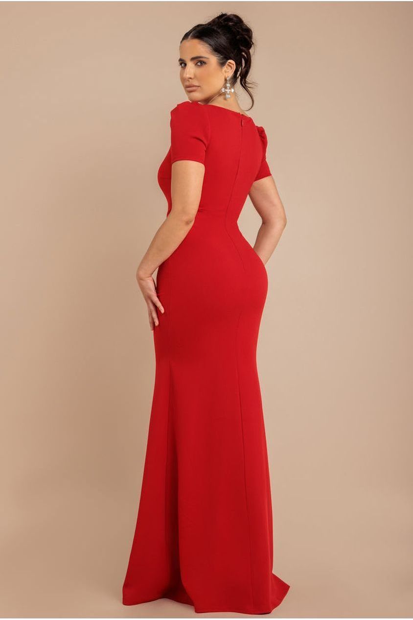 Diamante Embellished Heart Brooch Scuba Maxi Dress - Red DR4458