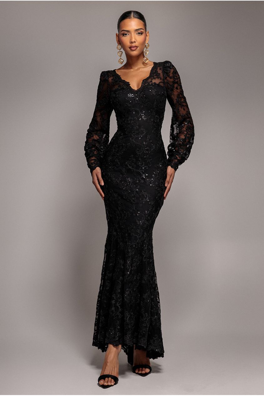 Embroidered Lace Scalloped Edge Maxi Dress - Black DR4472