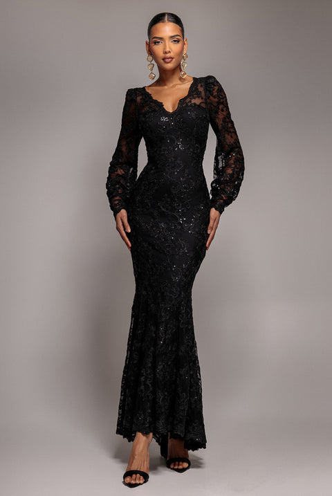 Embroidered Lace Scalloped Edge Maxi Dress - Black by Goddiva