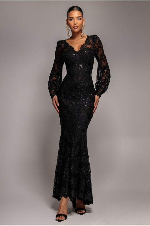 Embroidered Lace Scalloped Edge Maxi Dress - Black by Goddiva