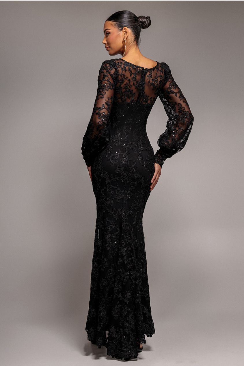 Embroidered Lace Scalloped Edge Maxi Dress - Black DR4472