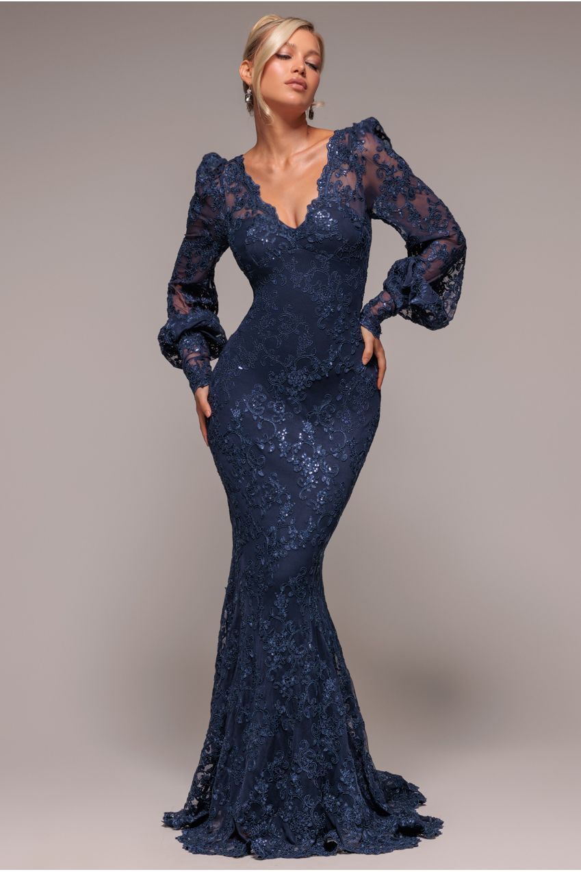 Embroidered Lace Scalloped Edge Maxi Dress - Navy Blue DR4472