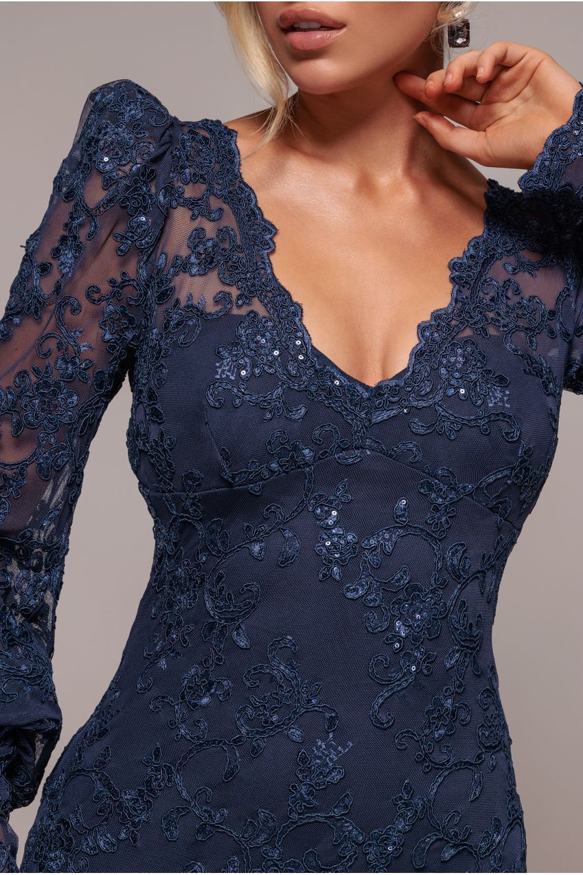 Embroidered Lace Scalloped Edge Maxi Dress - Navy Blue DR4472