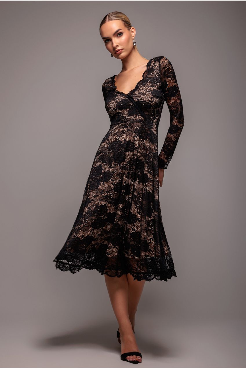 Scalloped Lace A-line Midi Dress - Black DR4478