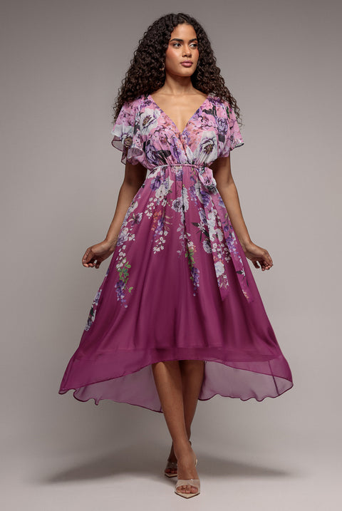 Flutter Sleeve A-Line Chiffon Floral Printed Midi Dress - Magenta by Goddiva
