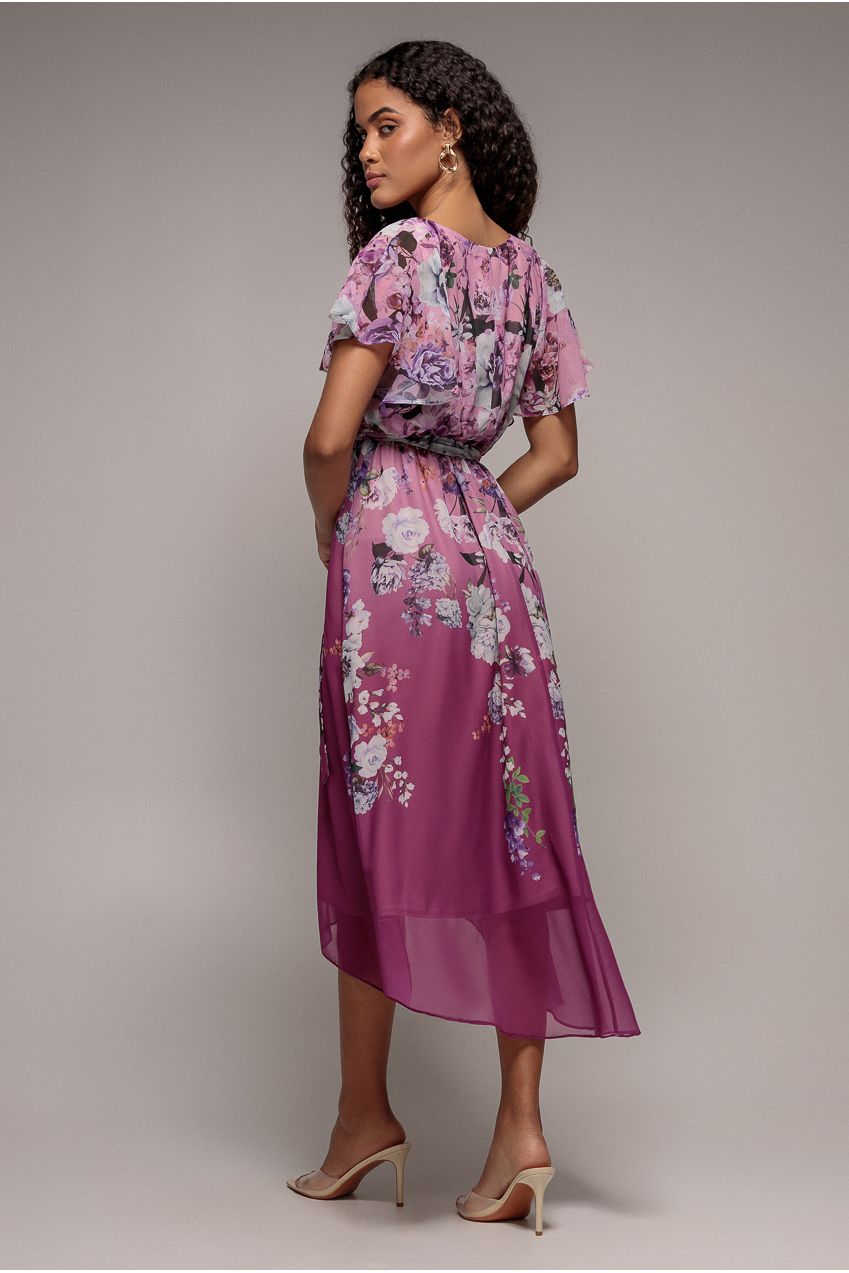 Flutter Sleeve A-Line Chiffon Floral Printed Midi Dress - Magenta DR4481