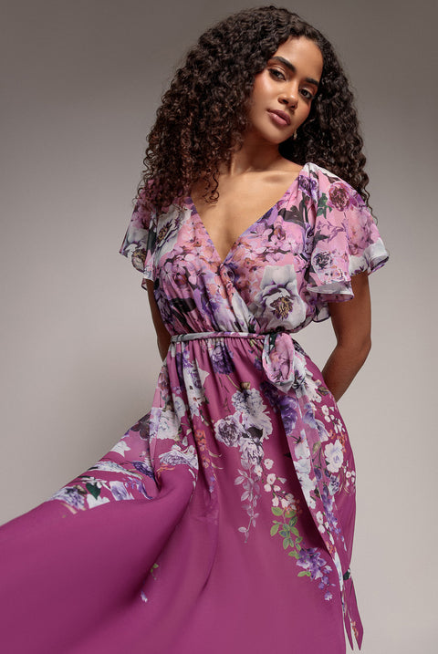 Flutter Sleeve A-Line Chiffon Floral Printed Midi Dress - Magenta by Goddiva