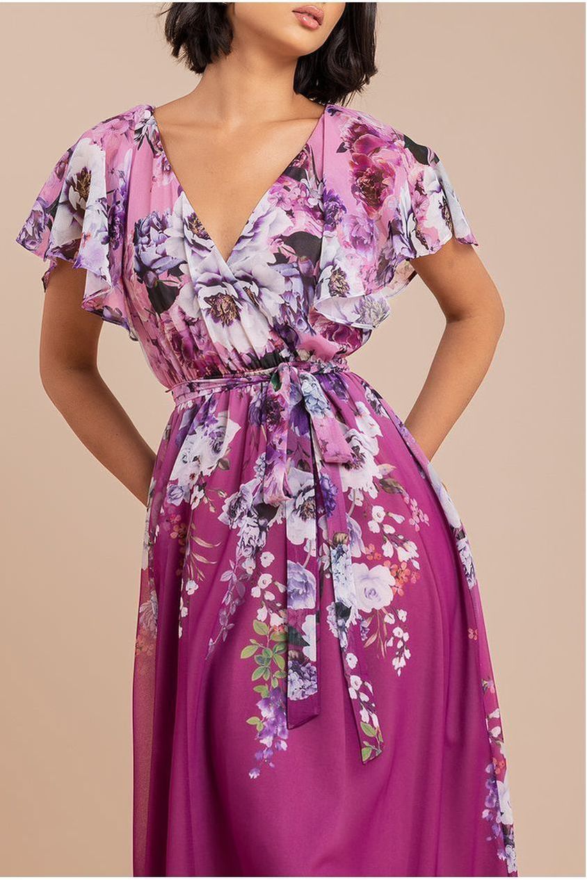 Flutter Sleeve A-Line Chiffon Floral Printed Midi Dress - Magenta DR4481