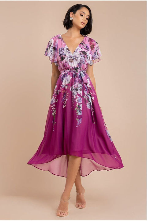 Flutter Sleeve A-Line Chiffon Floral Printed Midi Dress - Magenta by Goddiva