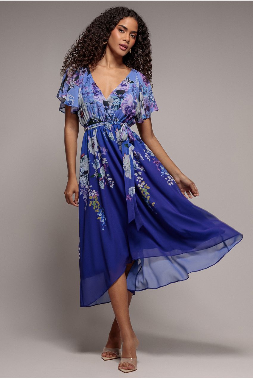 Flutter Sleeve A-Line Chiffon Floral Printed Midi Dress - Royal Blue | Goddiva Flutter Sleeve A-Line Chiffon Floral Printed Midi Dress - Royal Blue | Goddiva