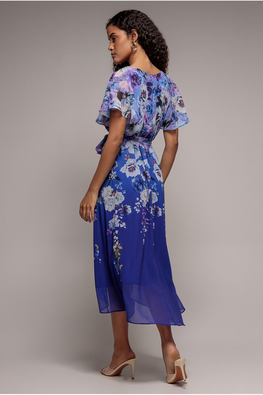 Flutter Sleeve A-Line Chiffon Floral Printed Midi Dress - Royal Blue DR4481
