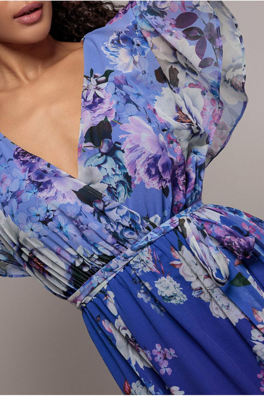Flutter Sleeve A-Line Chiffon Floral Printed Midi Dress - Royal Blue DR4481