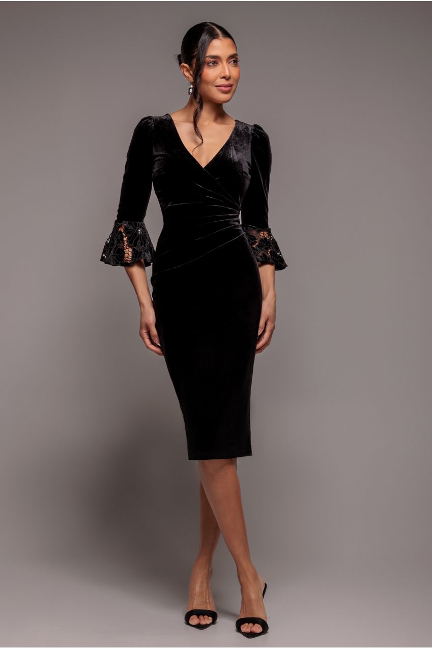 Crochet Velvet Wrap Midi Dress - Black DR4483