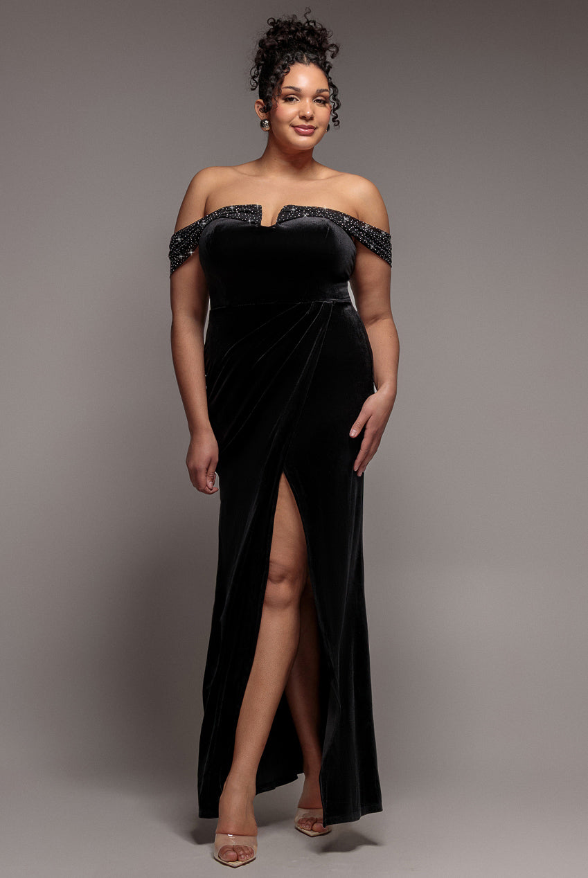 Off Shoulder Hotfix Diamante Wing Velvet Maxi Dress - Black DR4484PLUS