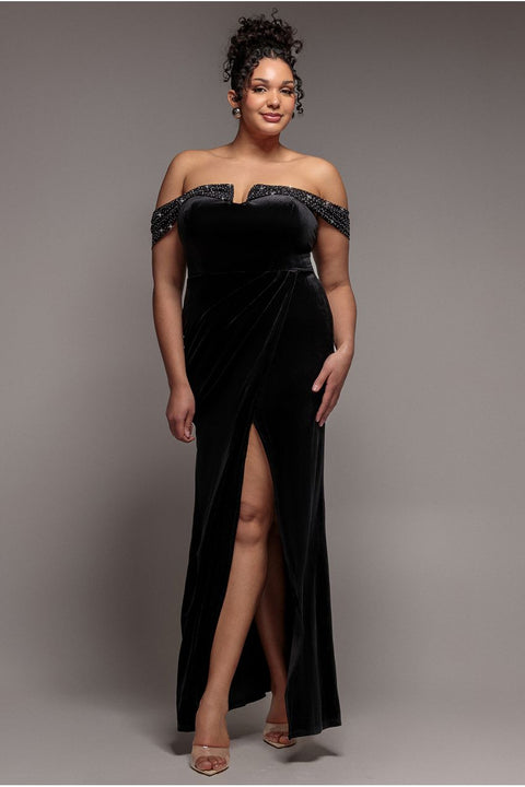 Off Shoulder Hotfix Diamante Wing Velvet Maxi Dress - Black by Goddiva Plus