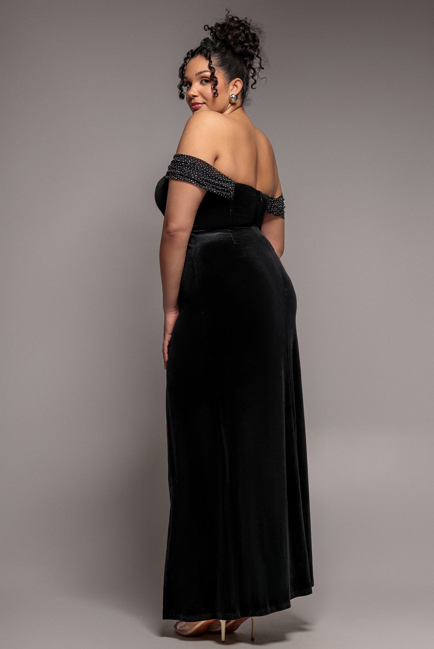 Off Shoulder Hotfix Diamante Wing Velvet Maxi Dress - Black DR4484PLUS
