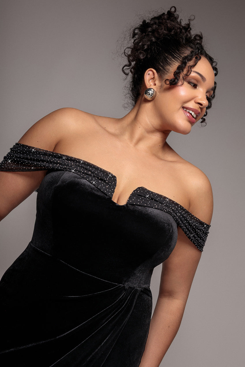 Off Shoulder Hotfix Diamante Wing Velvet Maxi Dress - Black DR4484PLUS