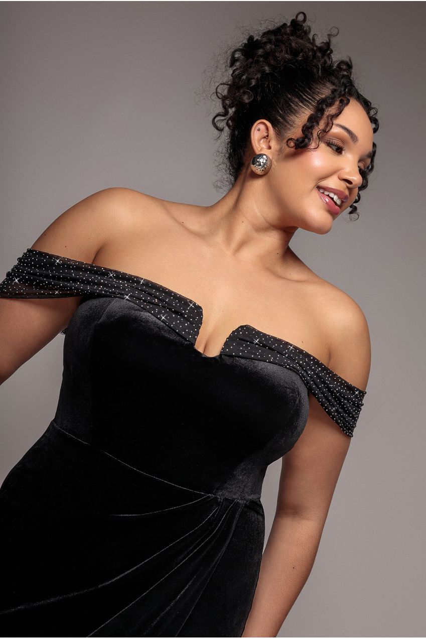 Off Shoulder Hotfix Diamante Wing Velvet Maxi Dress - Black DR4484PLUS