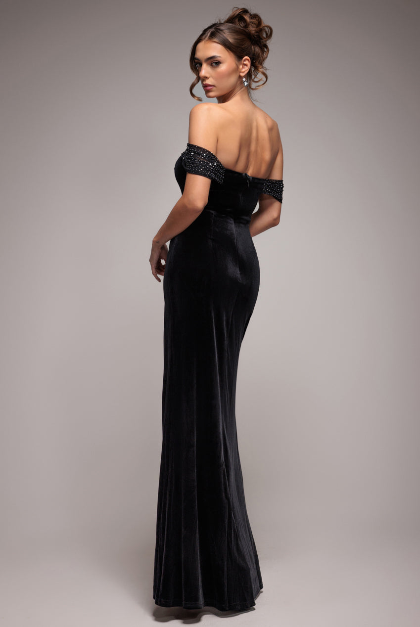 Off Shoulder Hotfix Diamante Wing Velvet Maxi Dress - Black DR4484