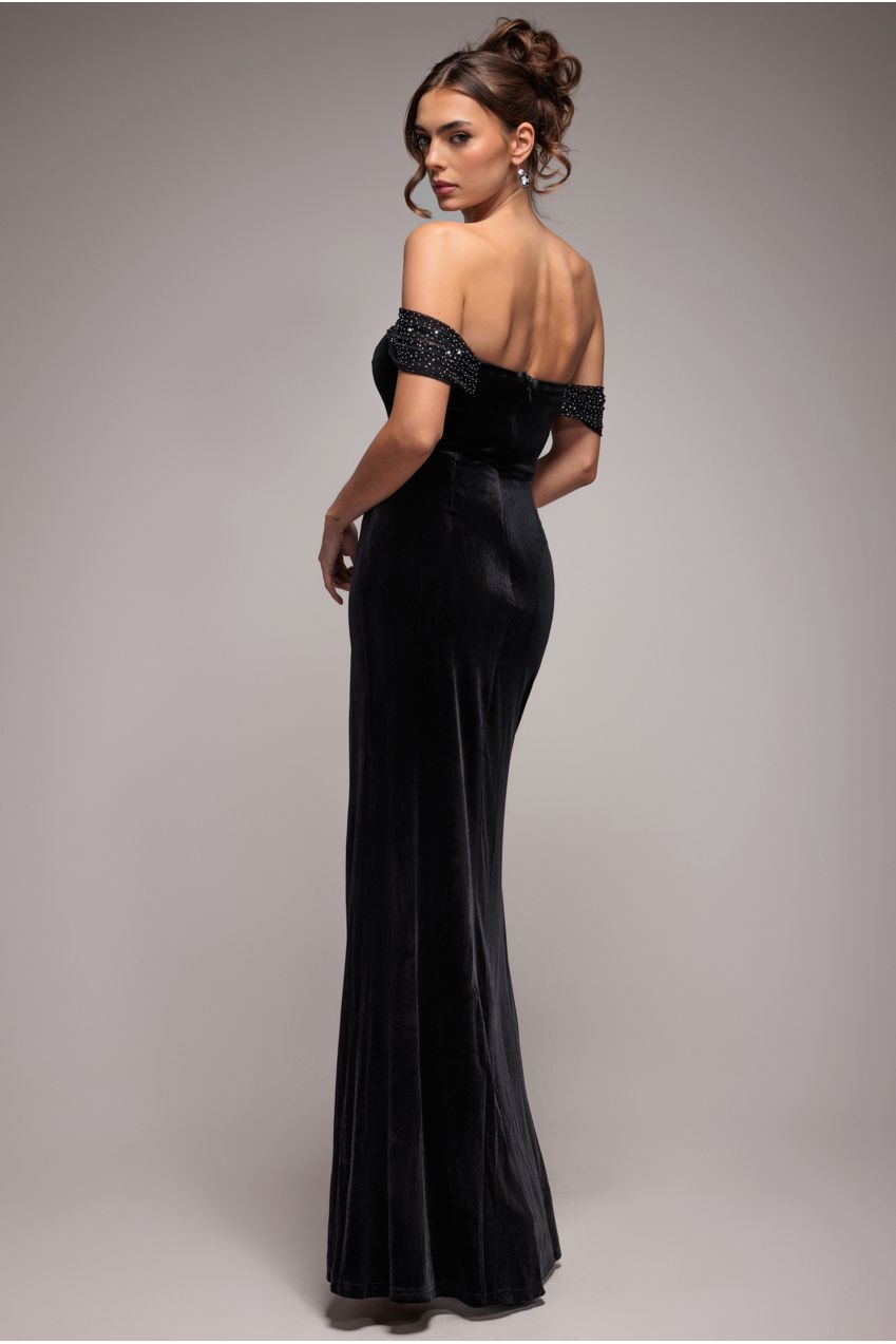 Off Shoulder Hotfix Diamante Wing Velvet Maxi Dress - Black DR4484