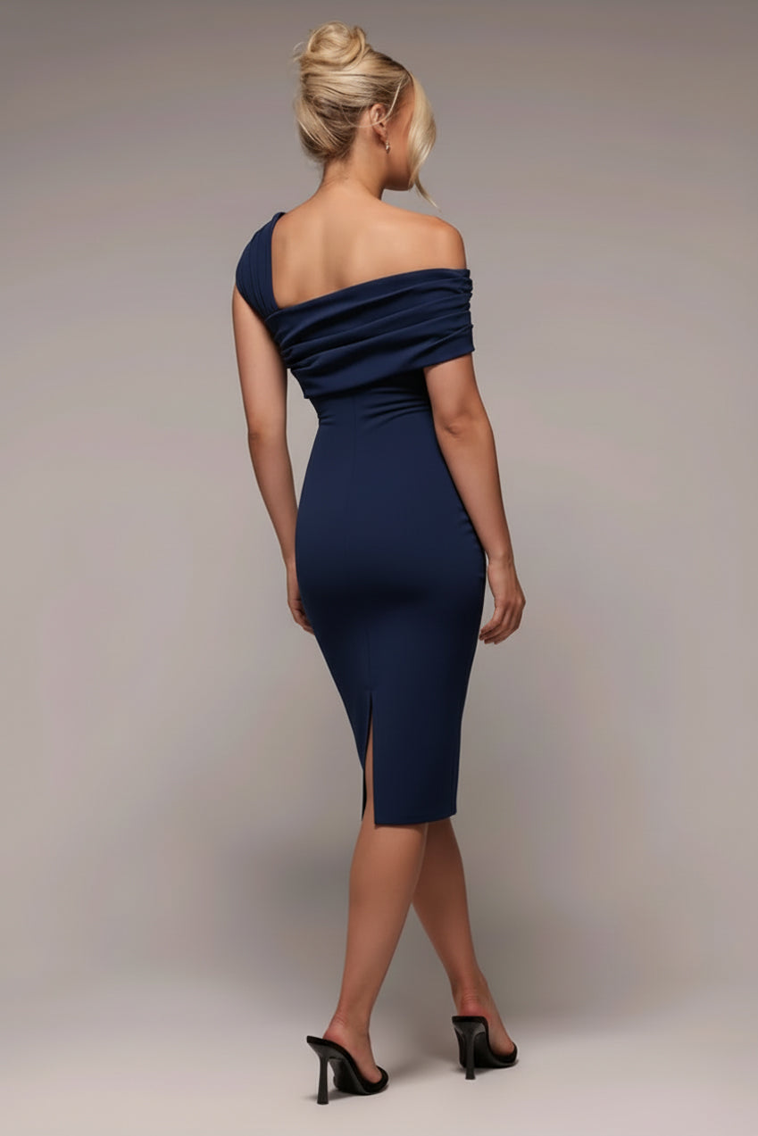 Scuba Crepe Pleated Drop Shoulder Midi Dress - Navy Blue DR4490
