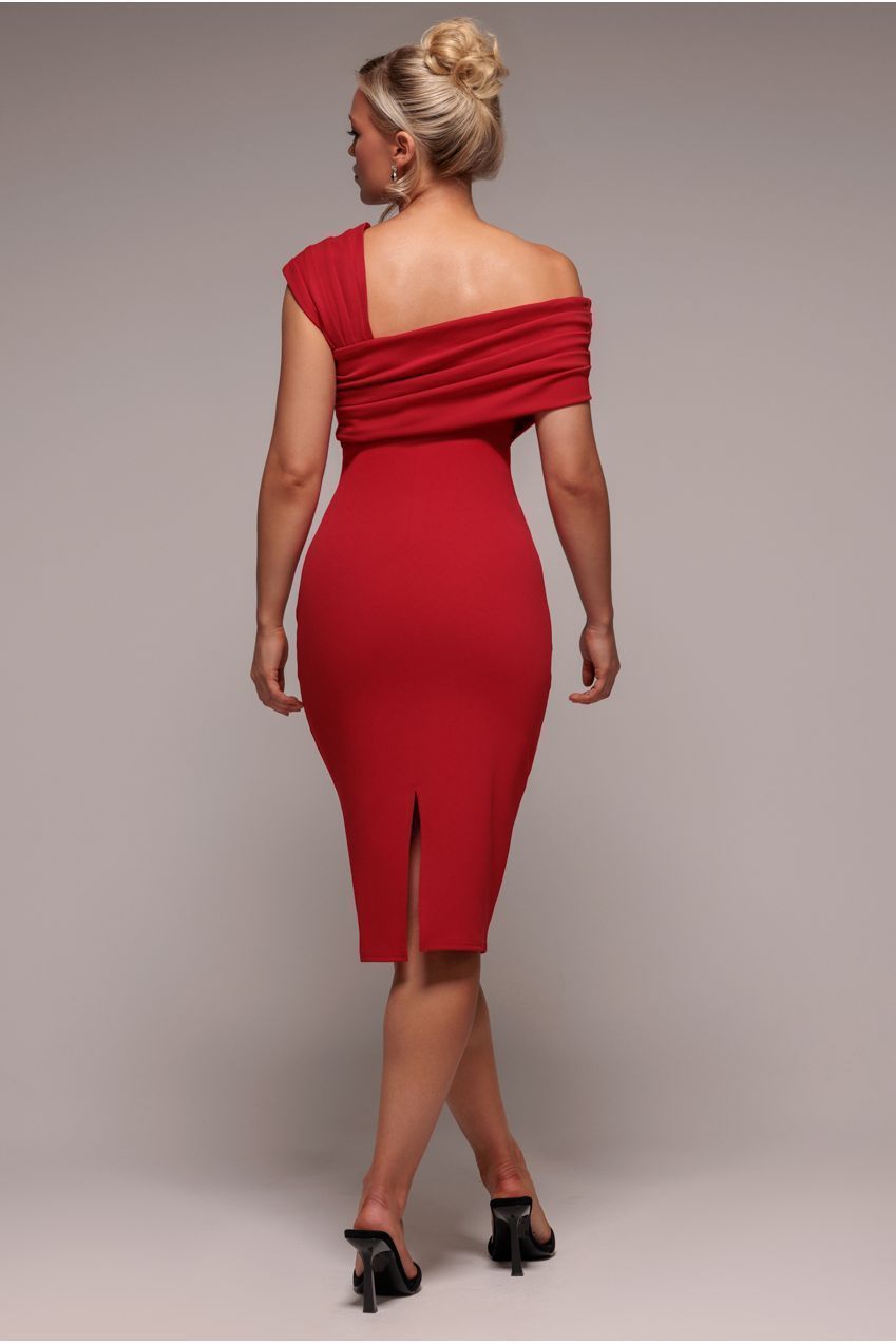 Scuba Crepe Pleated Drop Shoulder Midi Dress - Red DR4490