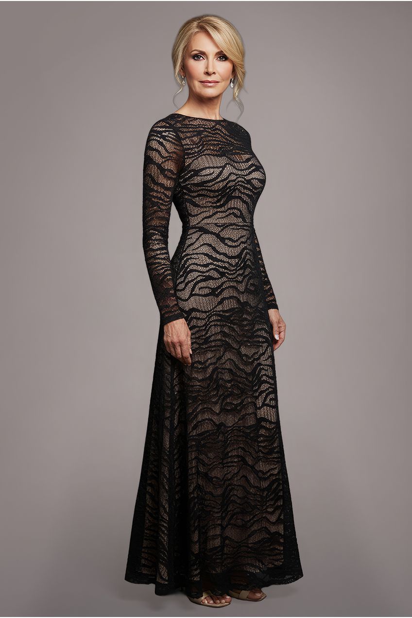 Geo Wave Flare Skirt Long Sleeve Maxi Dress - Black DR4491M