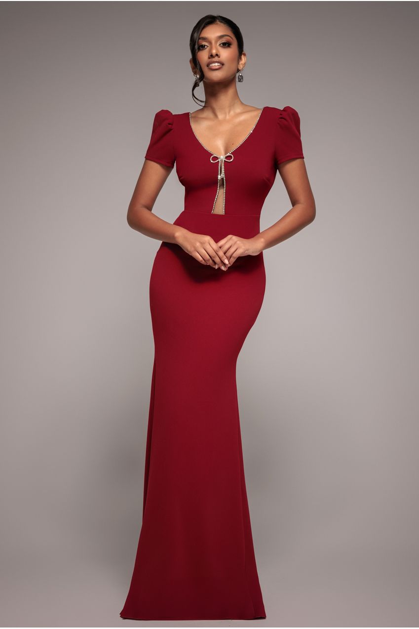 Diamante Embellished Bow Scuba Crepe Maxi Dress - Wine DR4493