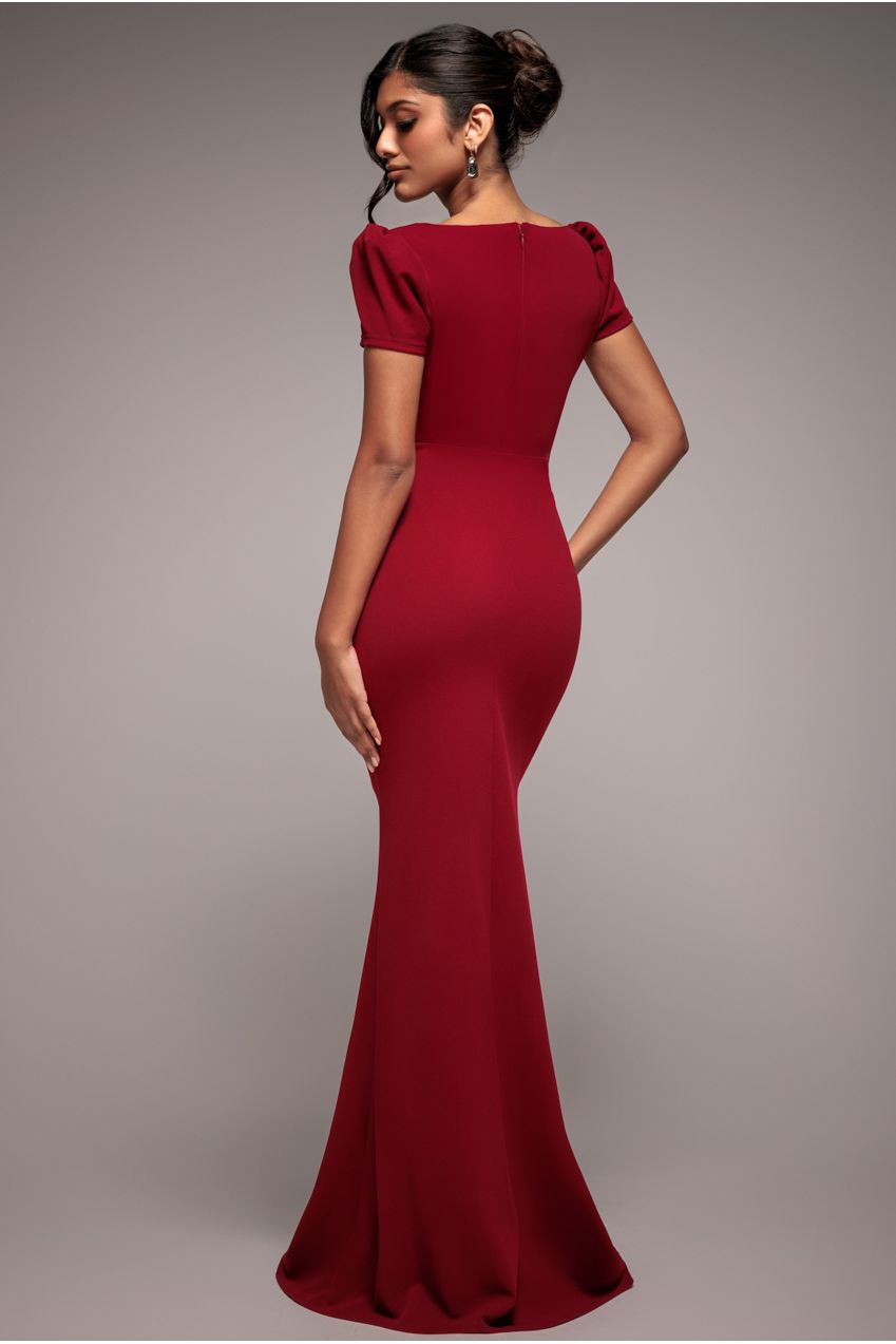Diamante Embellished Bow Scuba Crepe Maxi Dress - Wine DR4493
