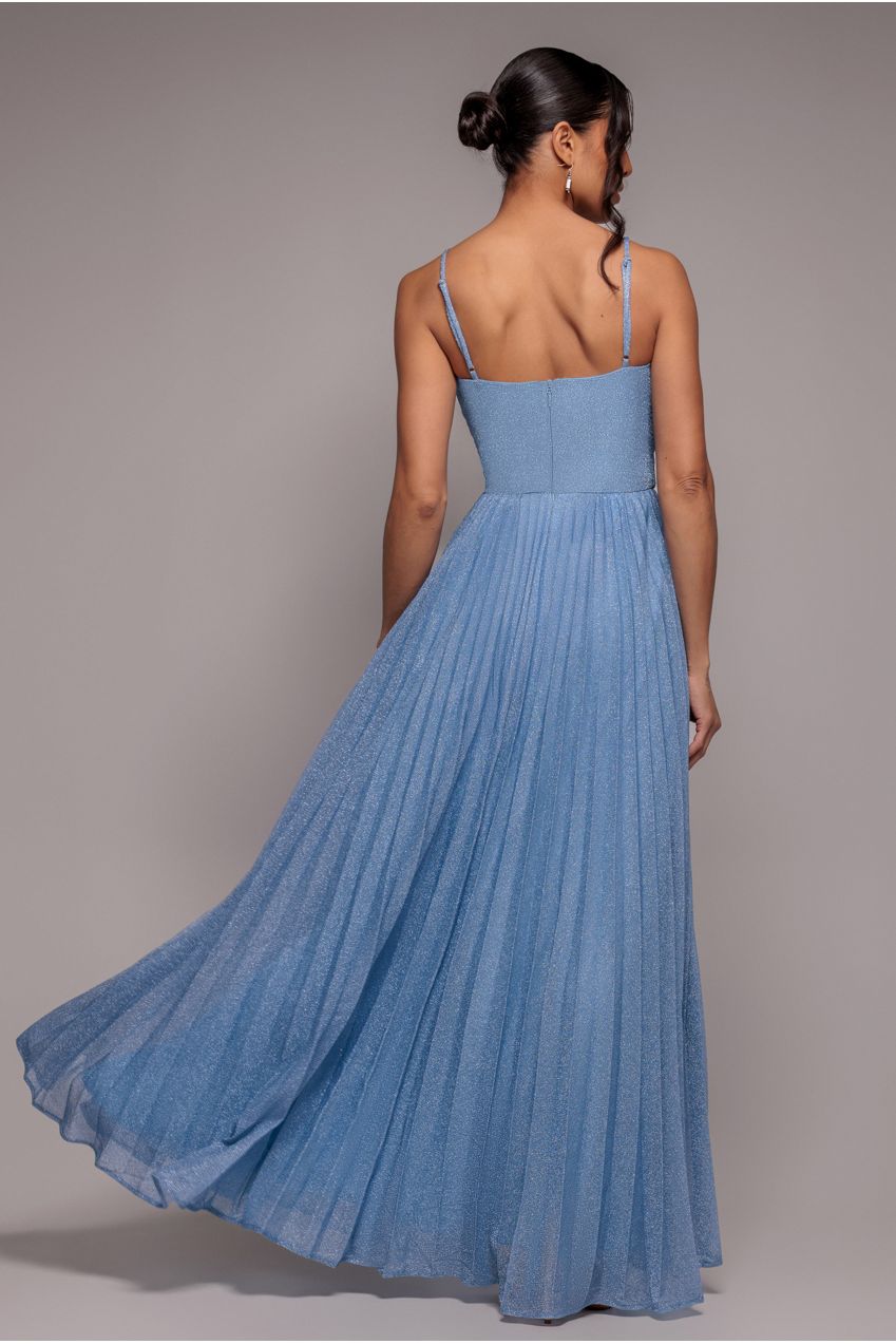 Sleeveless Pleated A Line Lurex Maxi Dress - Blue DR4494