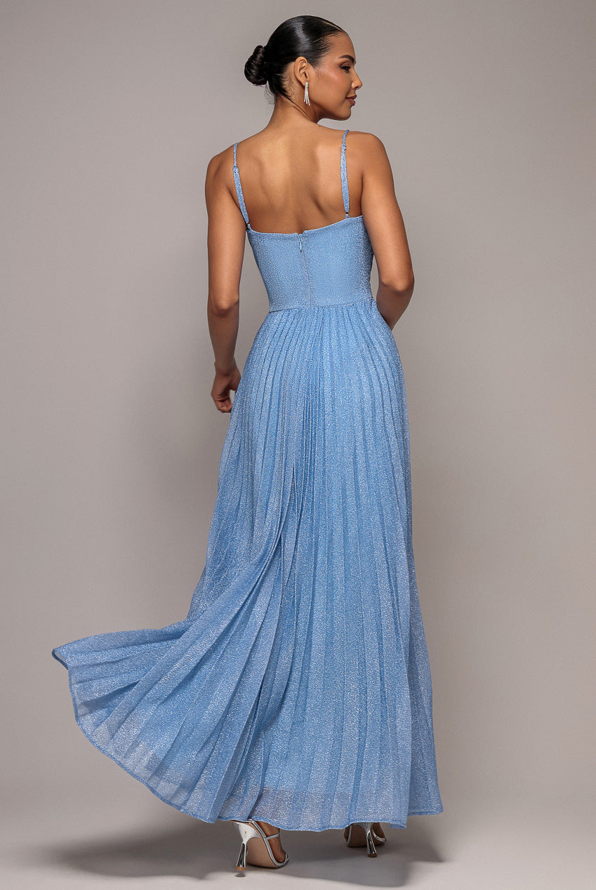 Sleeveless Pleated A Line Lurex Maxi Dress - Blue DR4494