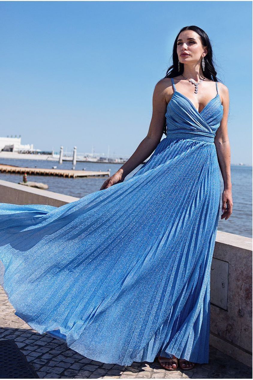 Sleeveless Pleated A Line Lurex Maxi Dress - Blue DR4494