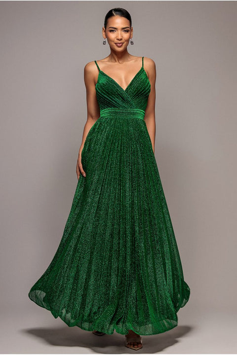 Sleeveless Pleated A Line Lurex Maxi Dress - Emerald Green by Goddiva