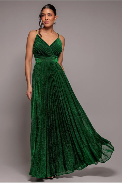 Sleeveless Pleated A Line Lurex Maxi Dress - Emerald Green by Goddiva