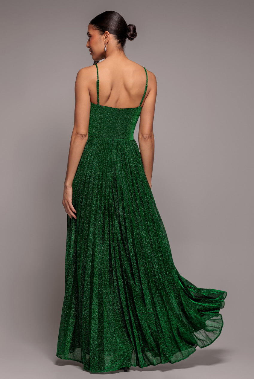 Sleeveless Pleated A Line Lurex Maxi Dress - Emerald Green DR4494