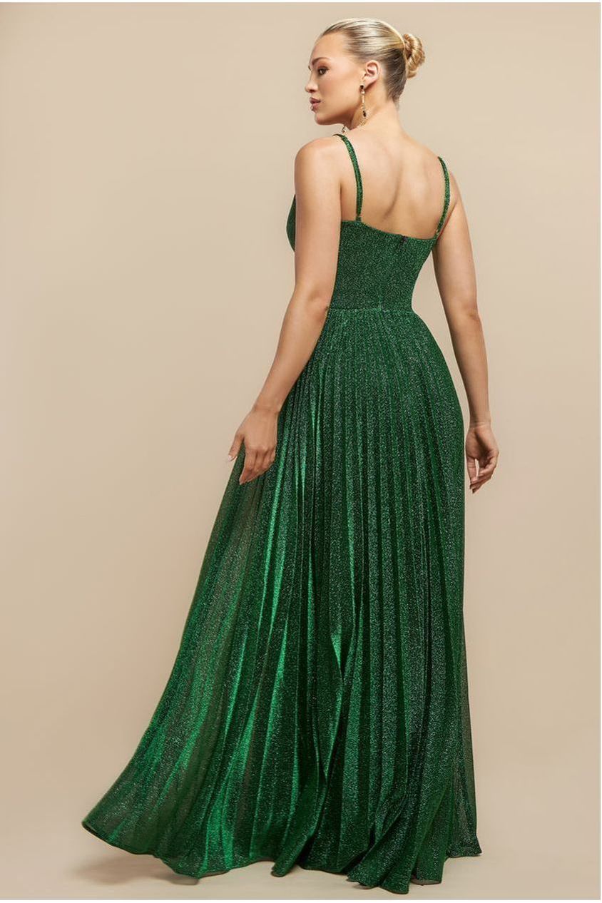 Sleeveless Pleated A Line Lurex Maxi Dress - Emerald Green DR4494