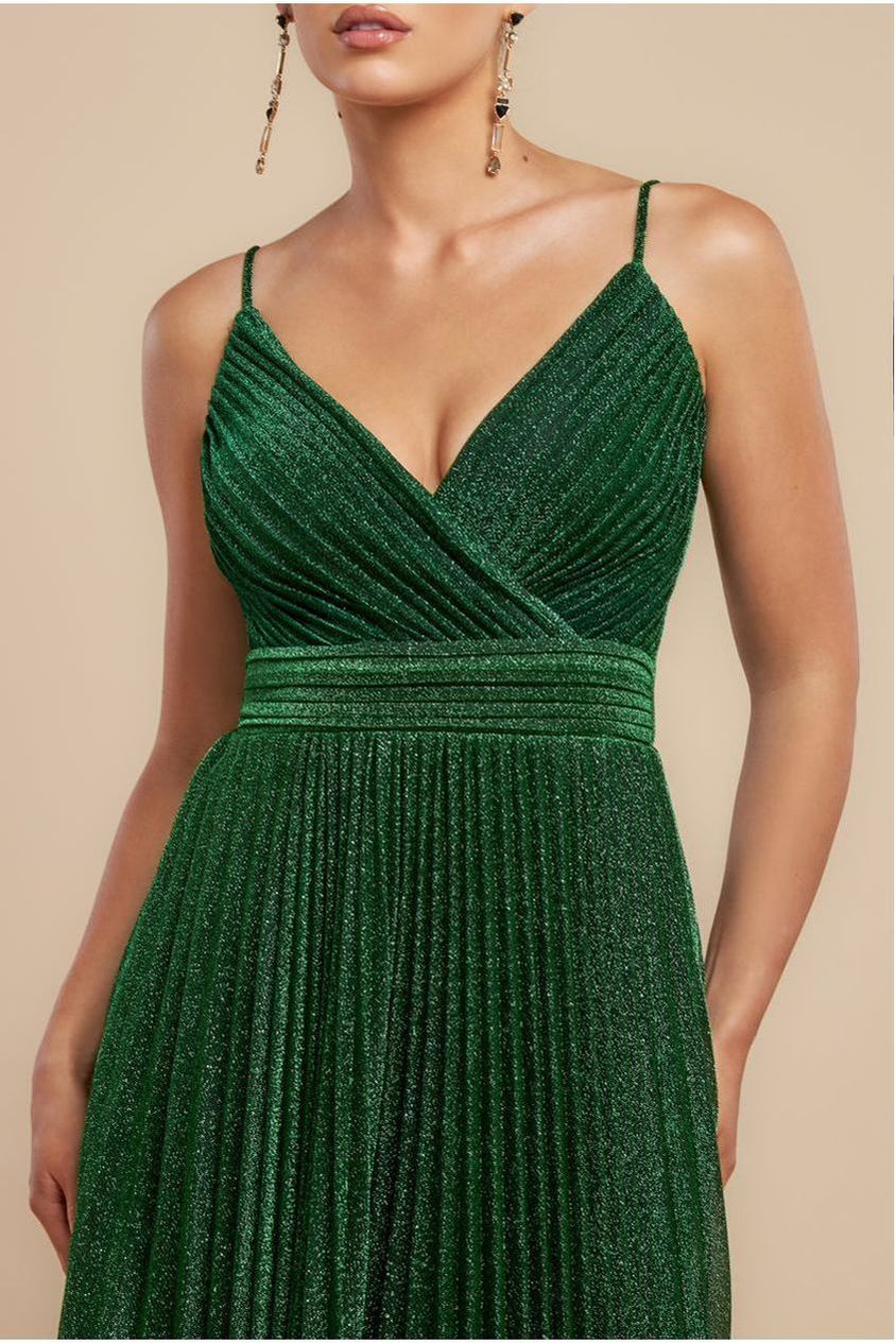 Sleeveless Pleated A Line Lurex Maxi Dress - Emerald Green DR4494