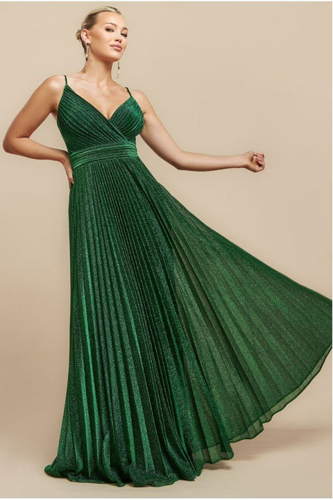 Sleeveless Pleated A Line Lurex Maxi Dress - Emerald Green by Goddiva