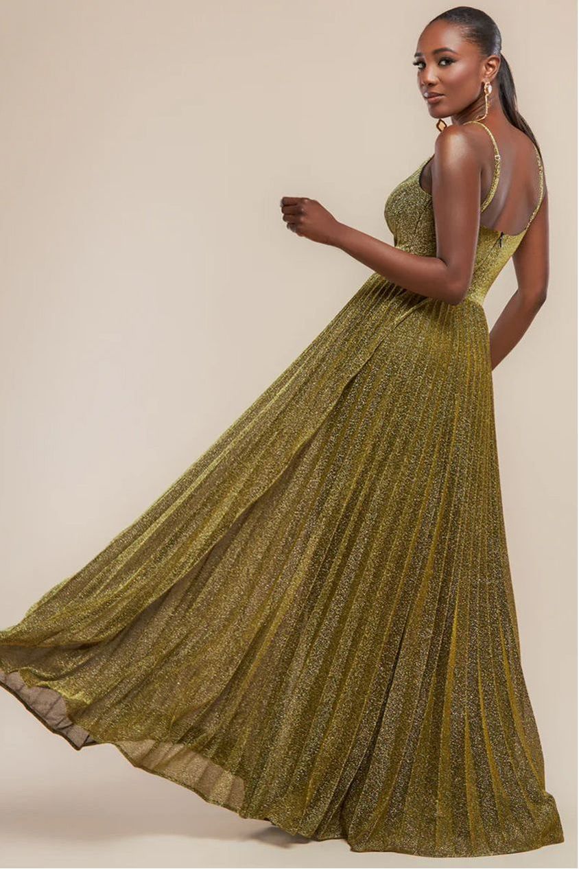 Sleeveless Pleated A Line Lurex Maxi Dress - Gold DR4494
