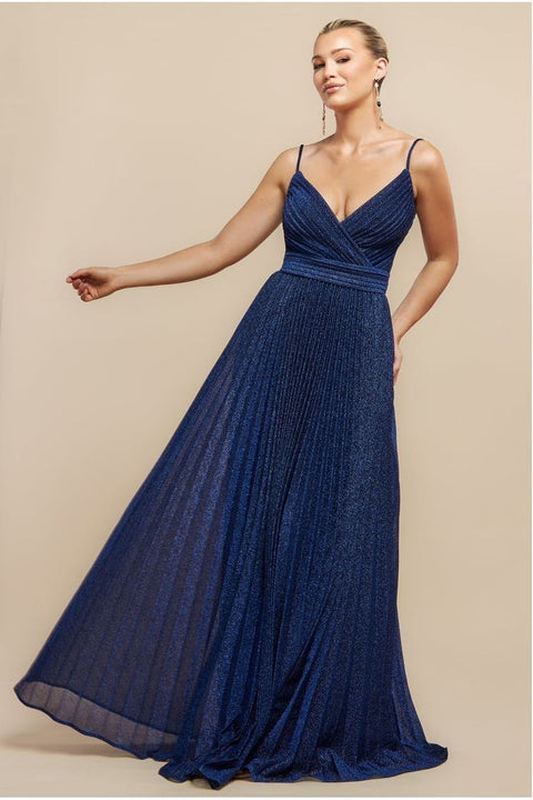 Sleeveless Pleated A Line Lurex Maxi Dress - Navy Blue by Goddiva