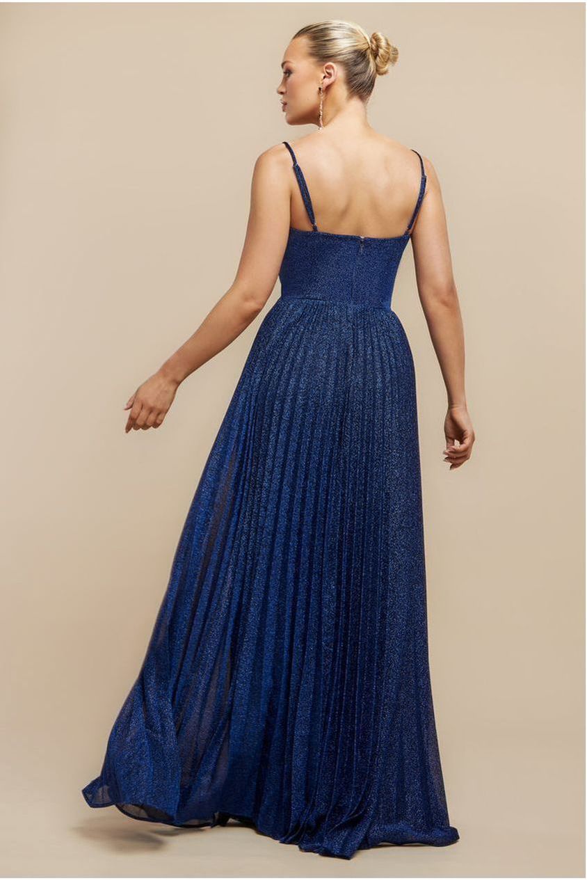 Sleeveless Pleated A Line Lurex Maxi Dress - Navy Blue DR4494