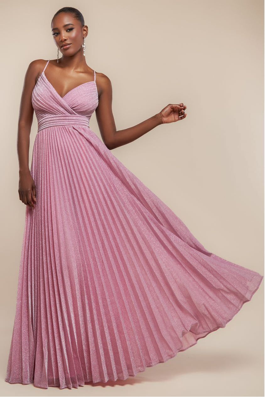 Sleeveless Pleated A Line Lurex Maxi Dress - Pink DR4494