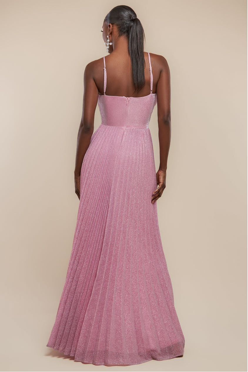 Sleeveless Pleated A Line Lurex Maxi Dress - Pink DR4494