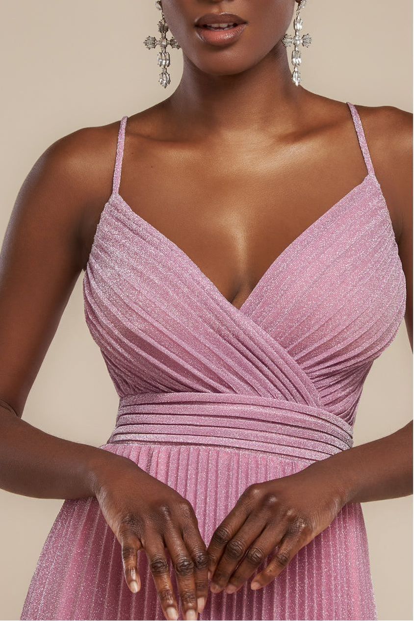 Sleeveless Pleated A Line Lurex Maxi Dress - Pink DR4494