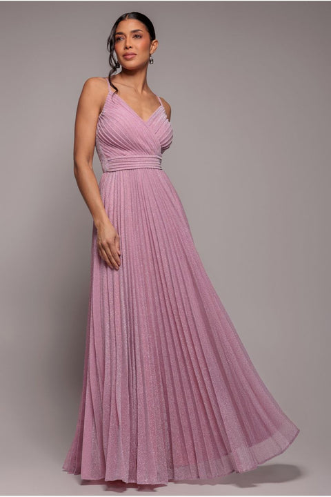 Sleeveless Pleated A Line Lurex Maxi Dress - Pink by Goddiva