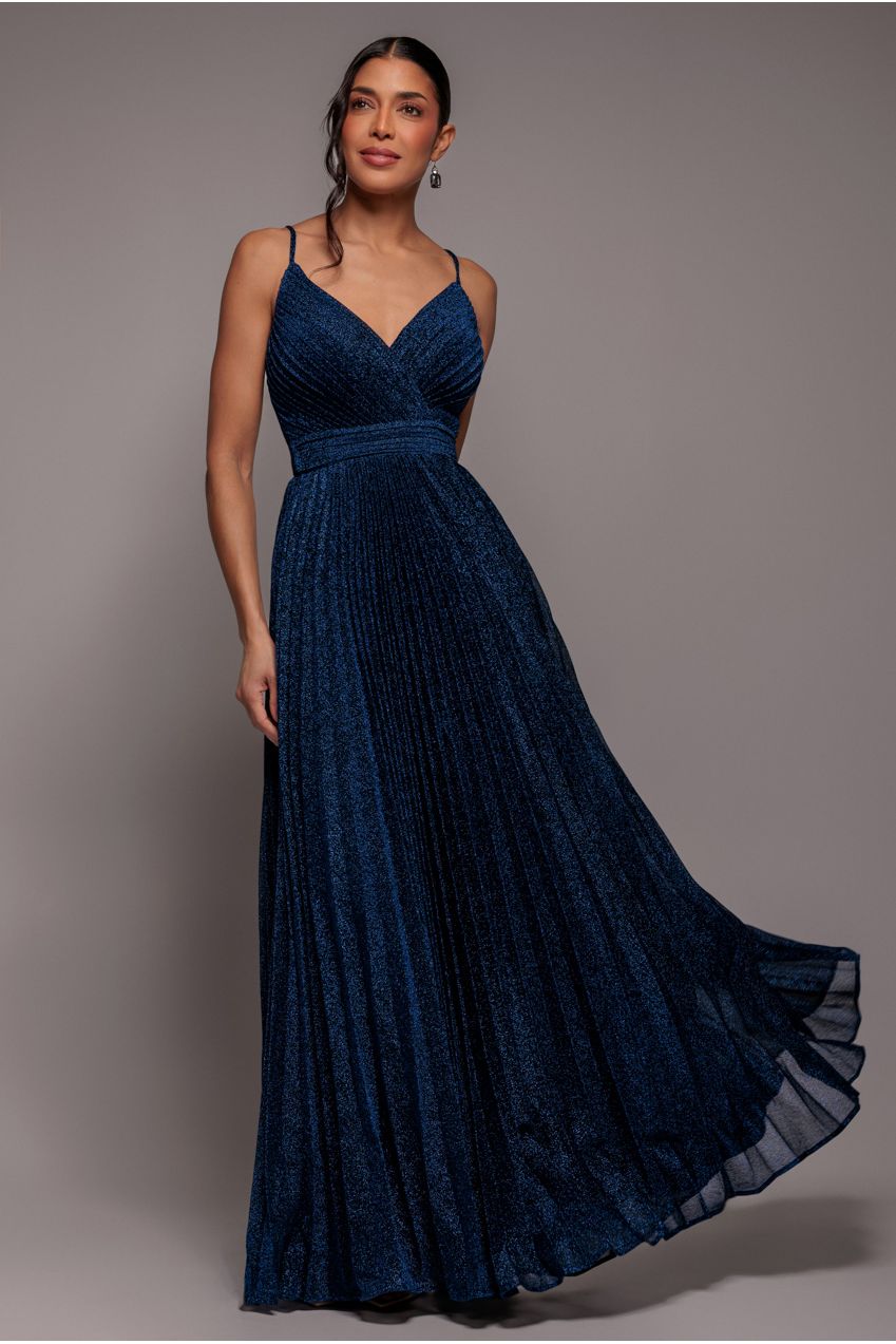 Sleeveless Pleated A Line Lurex Maxi Dress - Navy Blue DR4494